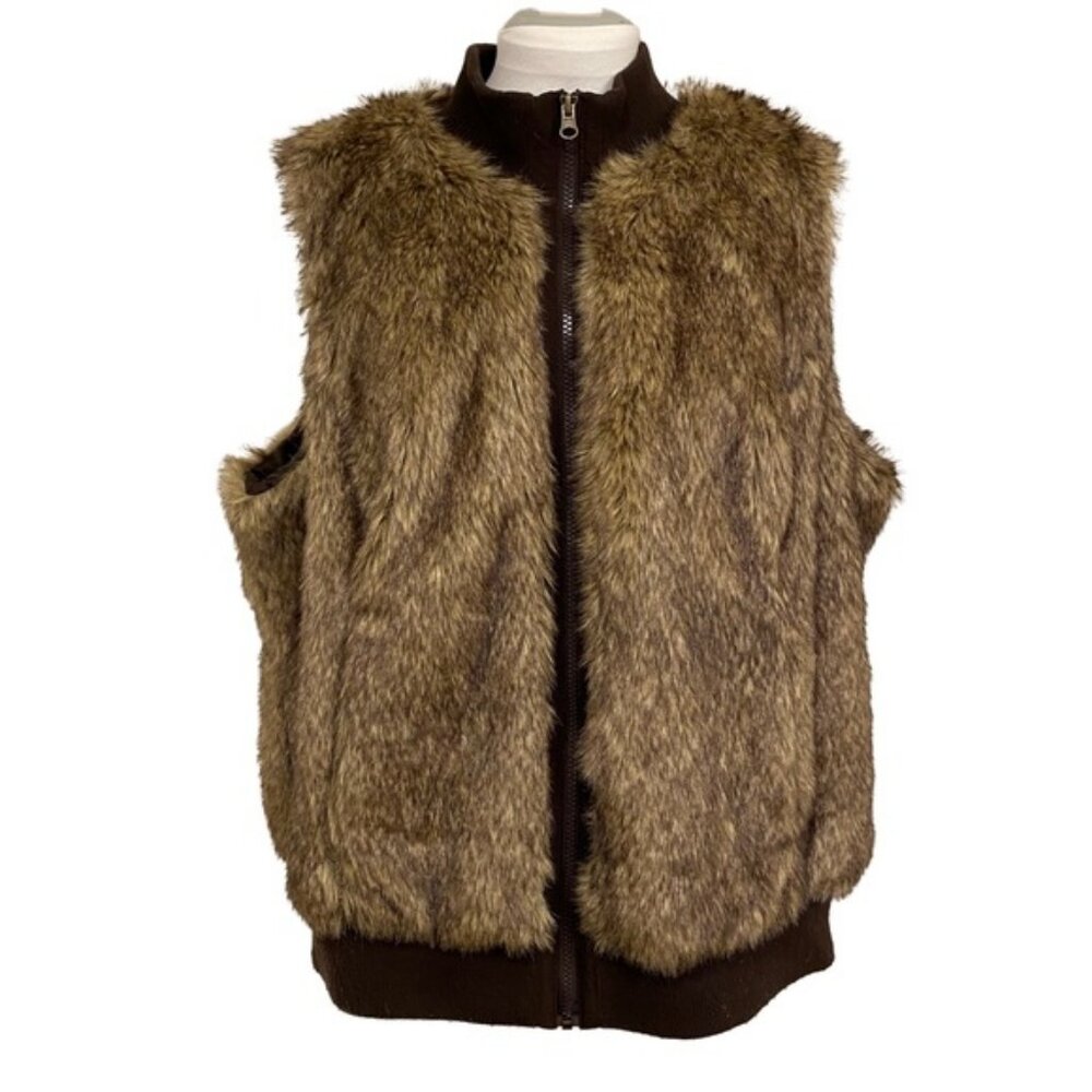 Vintage Rough Hewn brown faux fur vest with front zipper. Women's size 2X